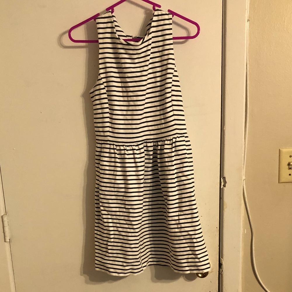 J. Crew brand, size XS, sleeveless, black and white striped dress with pockets.
